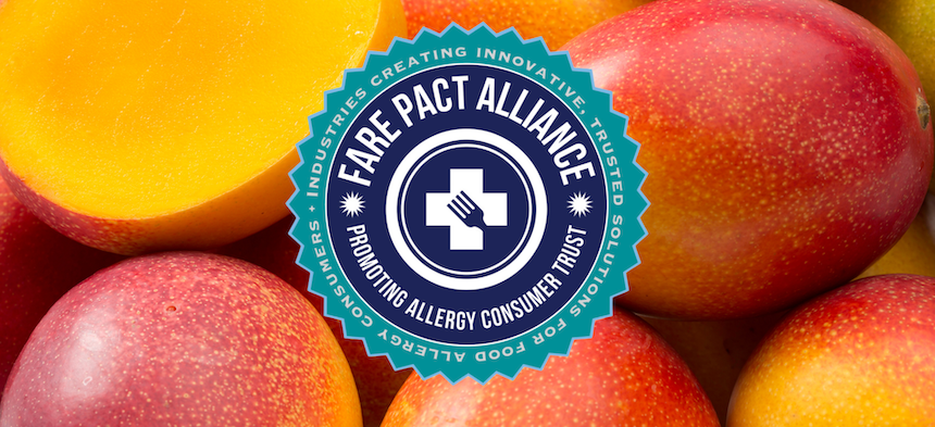 Blue and teal logo for the "FARE PACT Alliance" over an assortment of ripe mangoes.